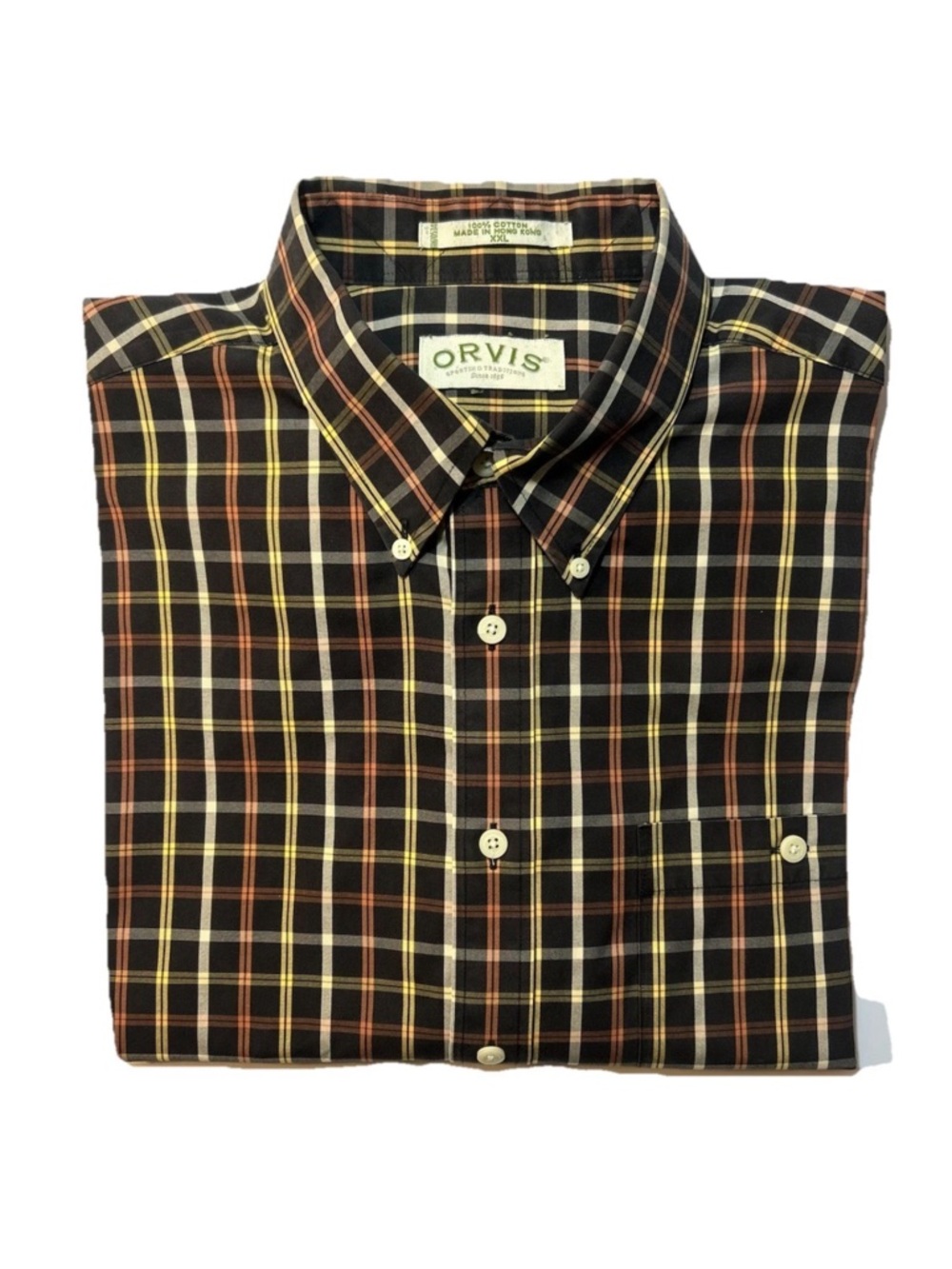 Orvis Men’s shirt XXL 2XL Black Plaid Button-Down with Yellow and Brown Stripes